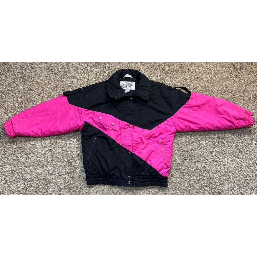 Vintage 80s 90s Profile Puffer Ski Jacket Color Block Neon Pink & Black Small